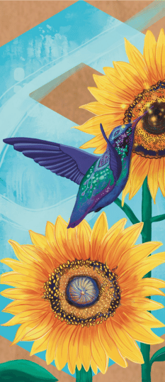 Hummingbird and two sunflowers